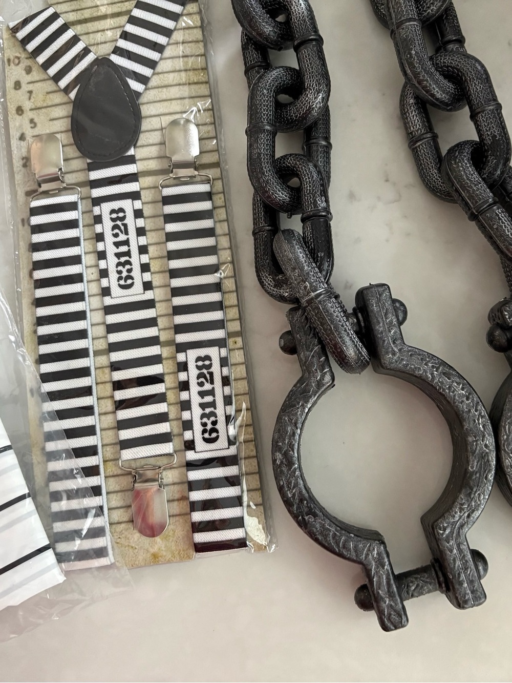 Spirit Black and White Striped Suspenders with Industrial Chain Accent Costume